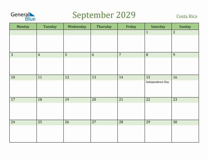 September 2029 Calendar with Costa Rica Holidays