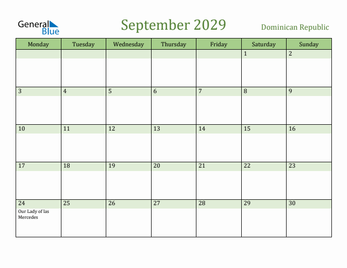 September 2029 Calendar with Dominican Republic Holidays