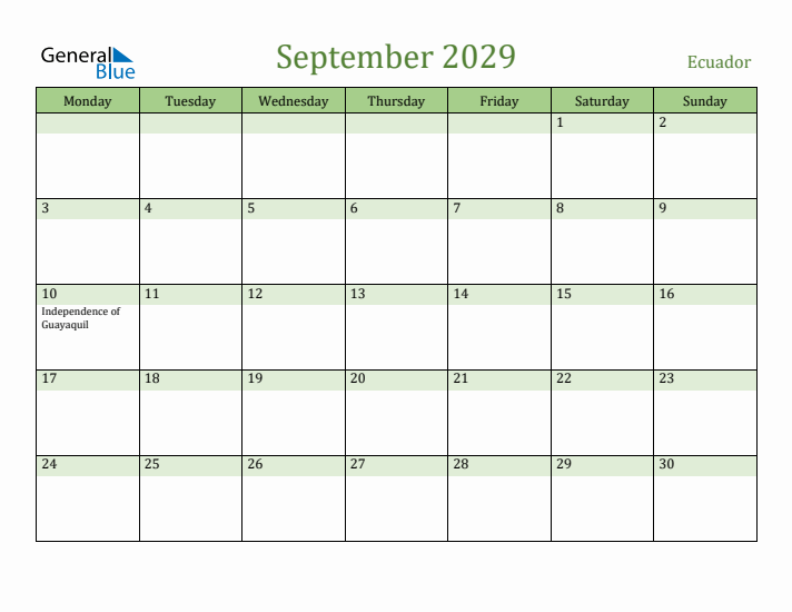 September 2029 Calendar with Ecuador Holidays