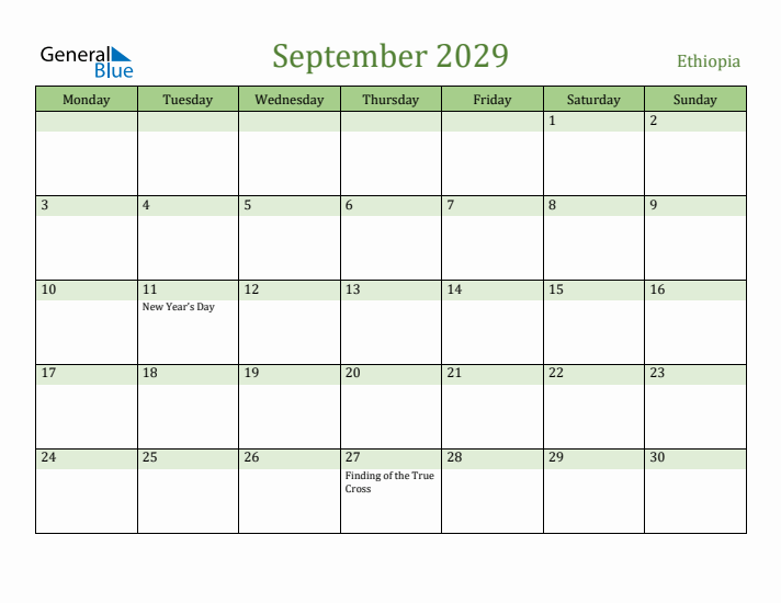 September 2029 Calendar with Ethiopia Holidays