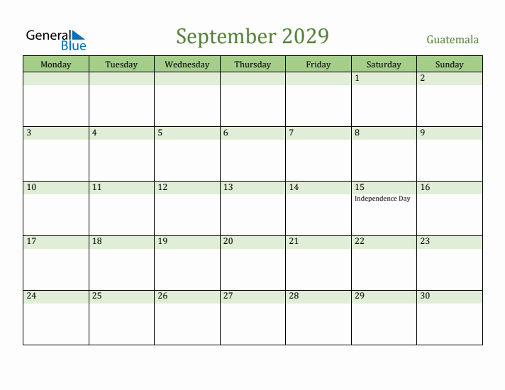 September 2029 Calendar with Guatemala Holidays