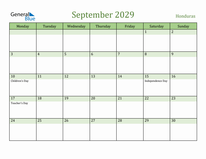 September 2029 Calendar with Honduras Holidays