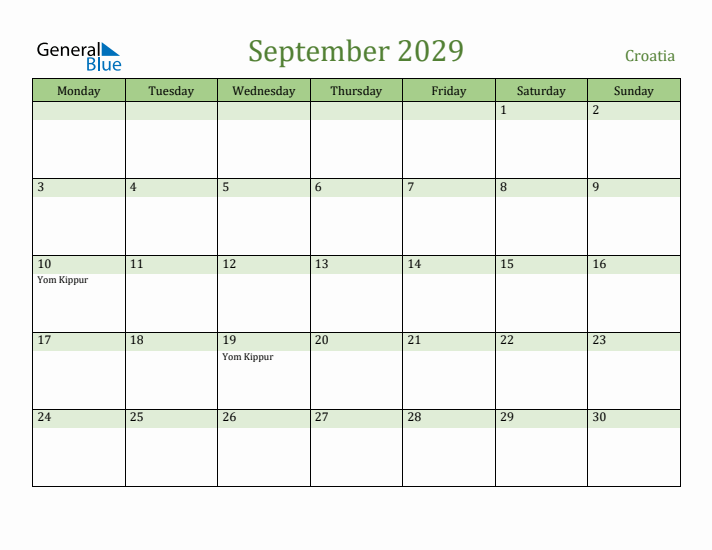 September 2029 Calendar with Croatia Holidays