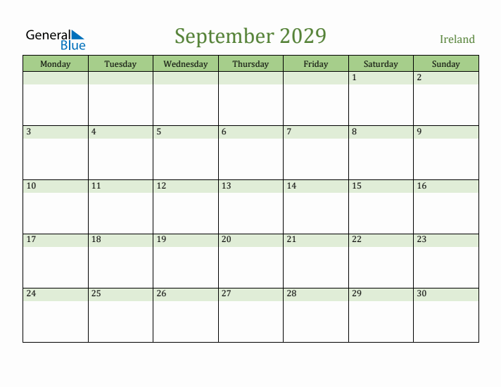 September 2029 Calendar with Ireland Holidays