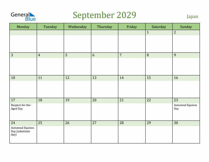 September 2029 Calendar with Japan Holidays