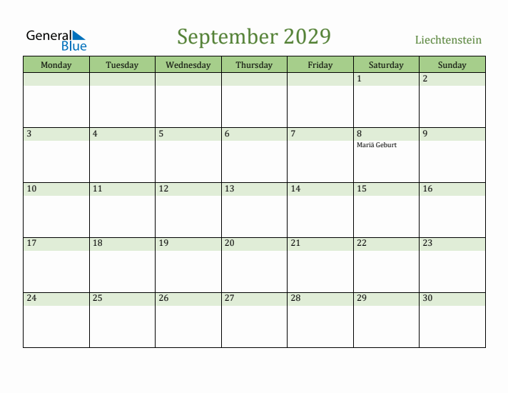 September 2029 Calendar with Liechtenstein Holidays