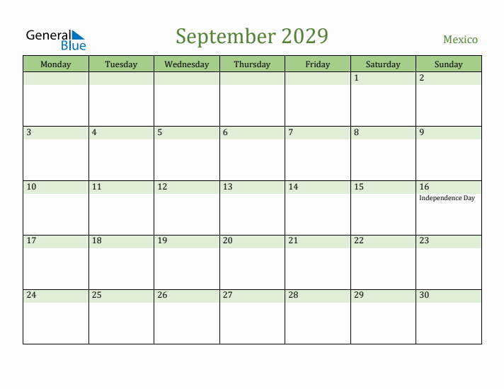 September 2029 Calendar with Mexico Holidays