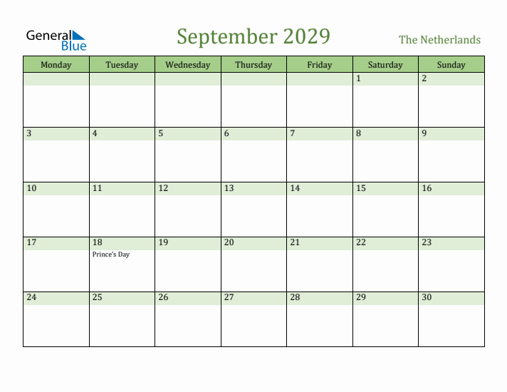 September 2029 Calendar with The Netherlands Holidays