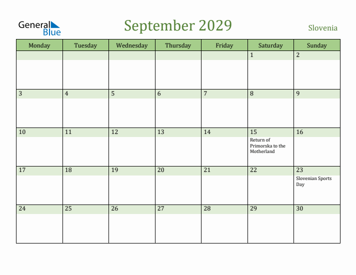 September 2029 Calendar with Slovenia Holidays