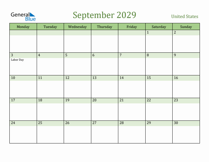 September 2029 Calendar with United States Holidays