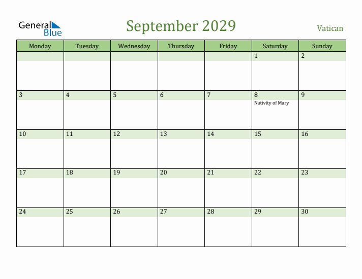 September 2029 Calendar with Vatican Holidays