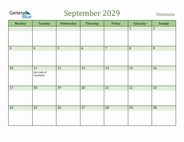 September 2029 Calendar with Venezuela Holidays