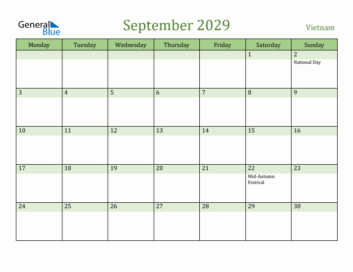September 2029 Calendar with Vietnam Holidays