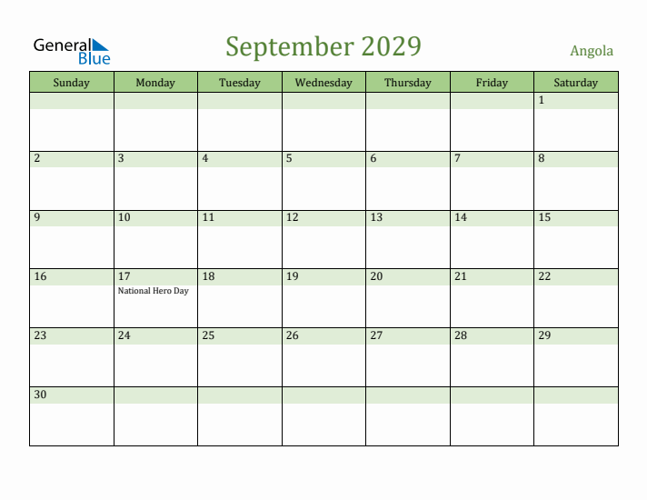 September 2029 Calendar with Angola Holidays