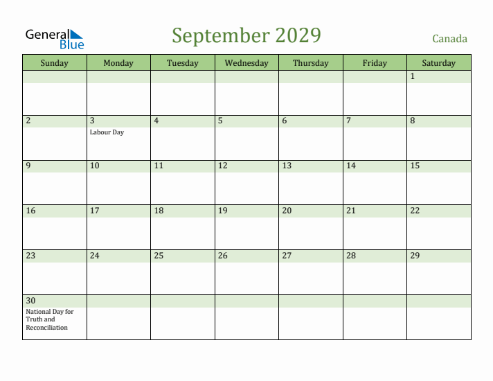 September 2029 Calendar with Canada Holidays
