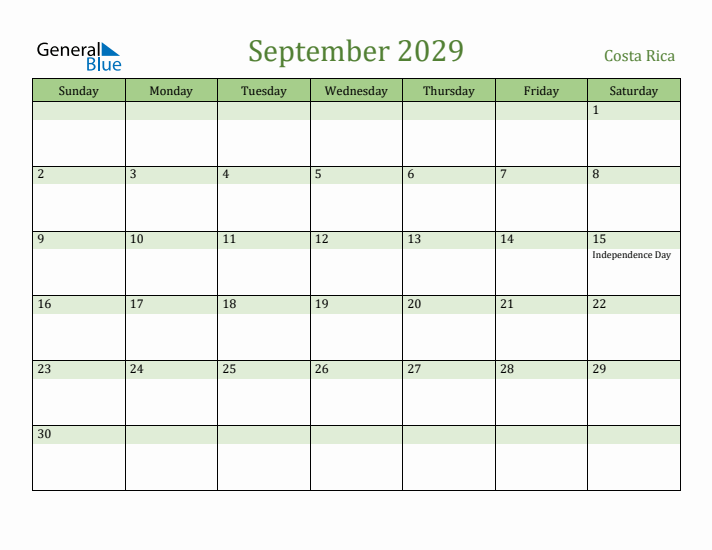 September 2029 Calendar with Costa Rica Holidays