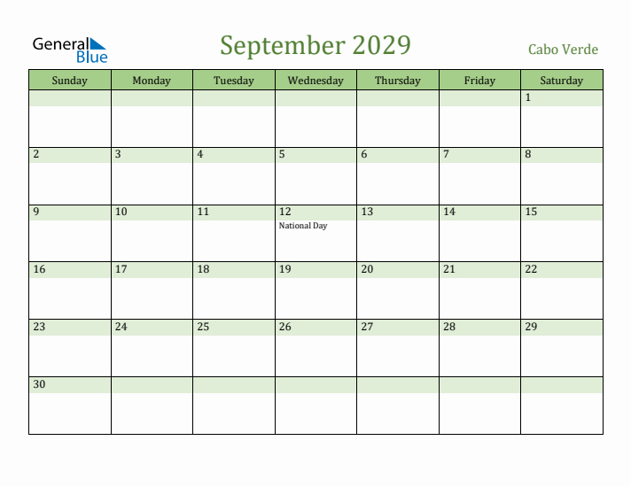 September 2029 Calendar with Cabo Verde Holidays