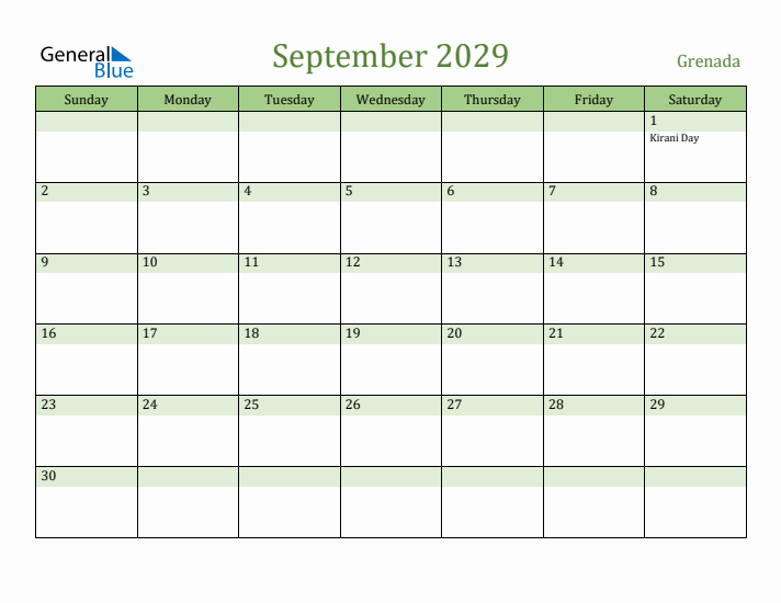 September 2029 Calendar with Grenada Holidays