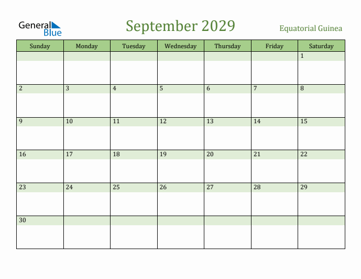 September 2029 Calendar with Equatorial Guinea Holidays
