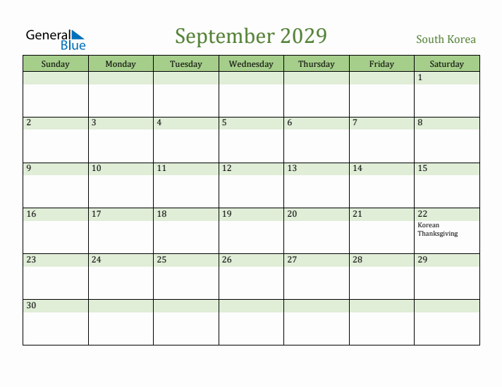 September 2029 Calendar with South Korea Holidays