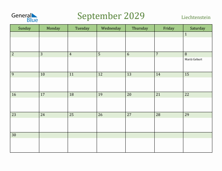 September 2029 Calendar with Liechtenstein Holidays