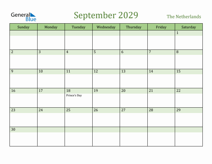 September 2029 Calendar with The Netherlands Holidays