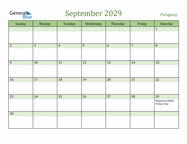 September 2029 Calendar with Paraguay Holidays