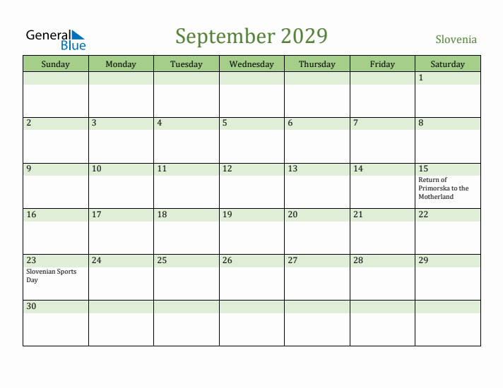 September 2029 Calendar with Slovenia Holidays