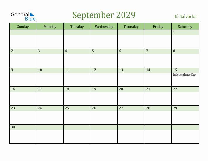 September 2029 Calendar with El Salvador Holidays