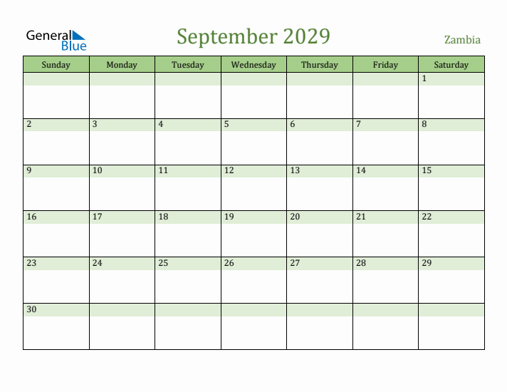 September 2029 Calendar with Zambia Holidays
