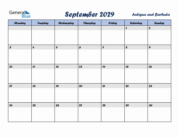 September 2029 Calendar with Holidays in Antigua and Barbuda