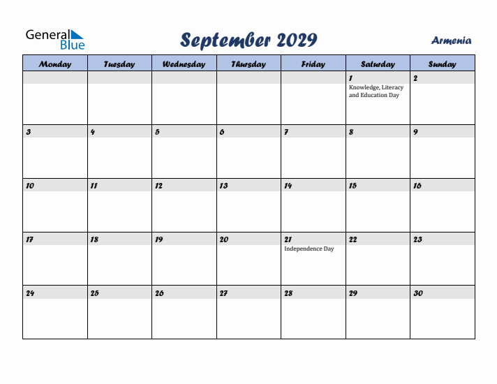 September 2029 Calendar with Holidays in Armenia