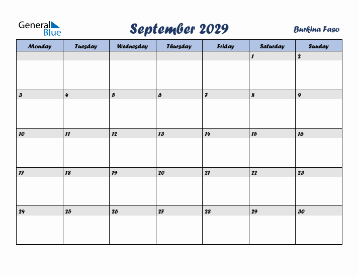 September 2029 Calendar with Holidays in Burkina Faso