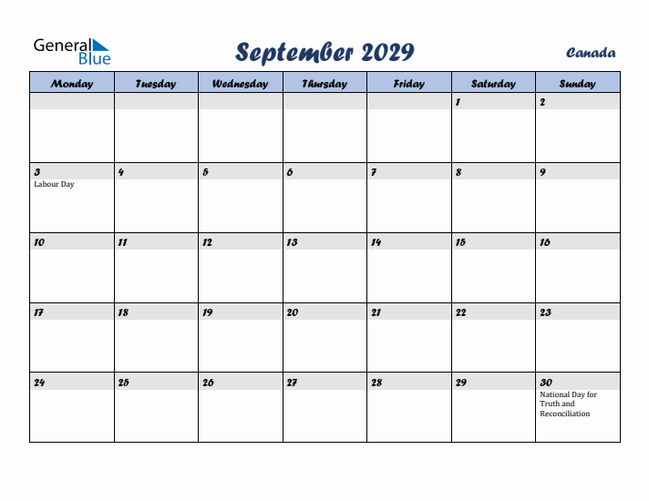 September 2029 Calendar with Holidays in Canada