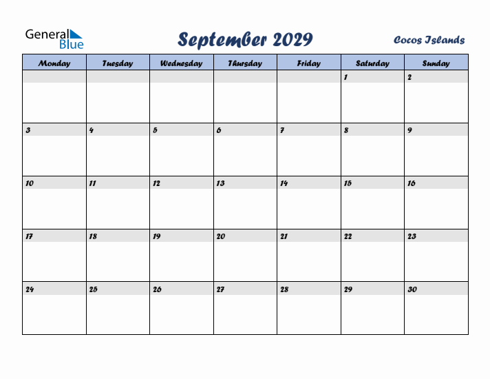 September 2029 Calendar with Holidays in Cocos Islands