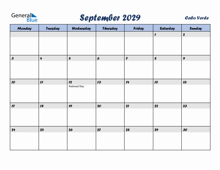 September 2029 Calendar with Holidays in Cabo Verde