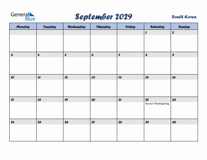 September 2029 Calendar with Holidays in South Korea