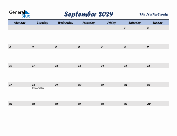 September 2029 Calendar with Holidays in The Netherlands