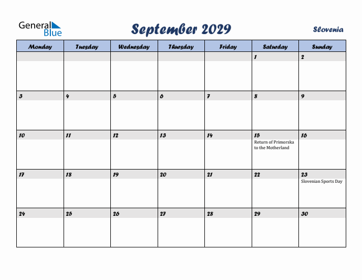 September 2029 Calendar with Holidays in Slovenia