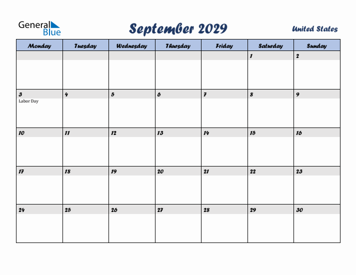 September 2029 Calendar with Holidays in United States