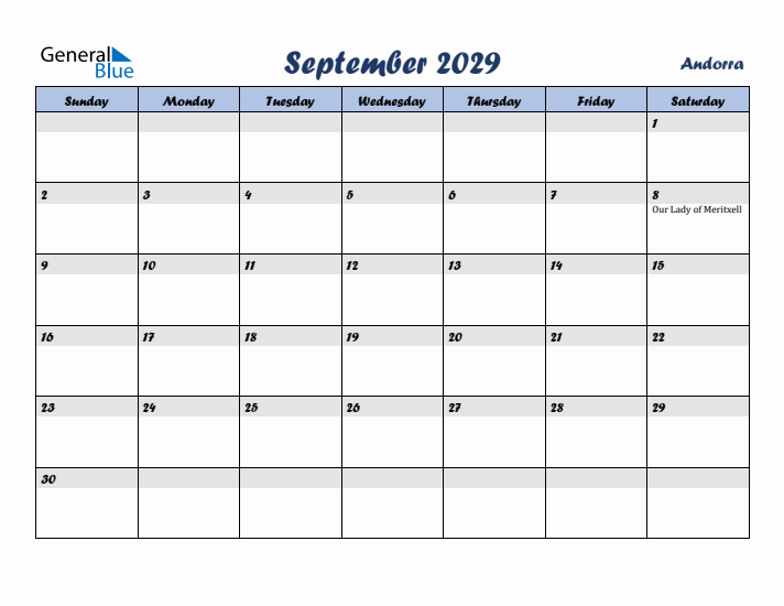September 2029 Calendar with Holidays in Andorra