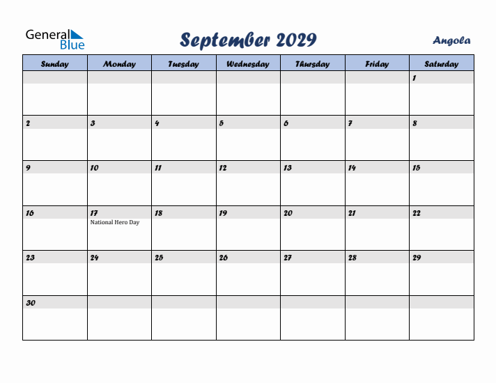 September 2029 Calendar with Holidays in Angola