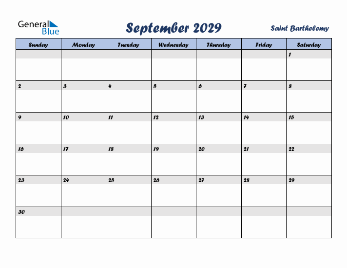 September 2029 Calendar with Holidays in Saint Barthelemy
