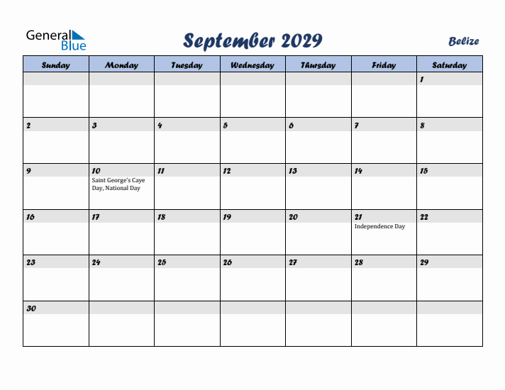 September 2029 Calendar with Holidays in Belize