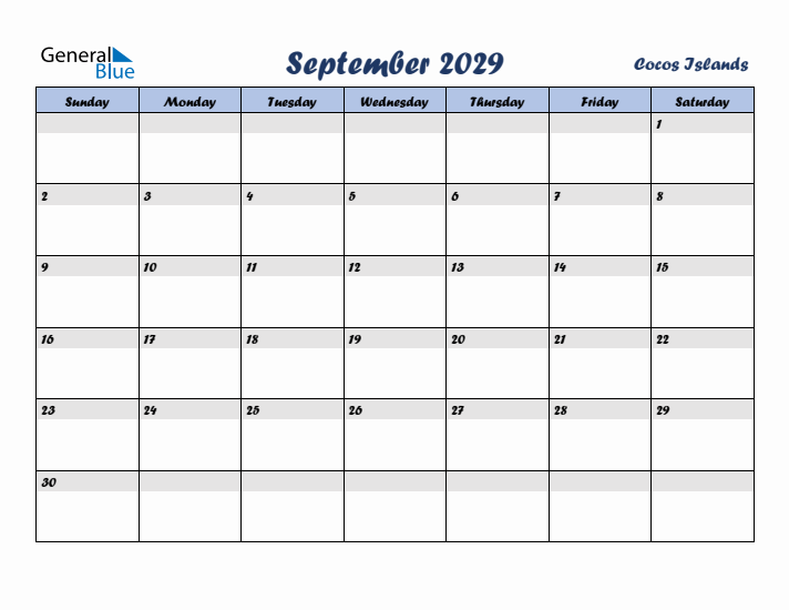September 2029 Calendar with Holidays in Cocos Islands