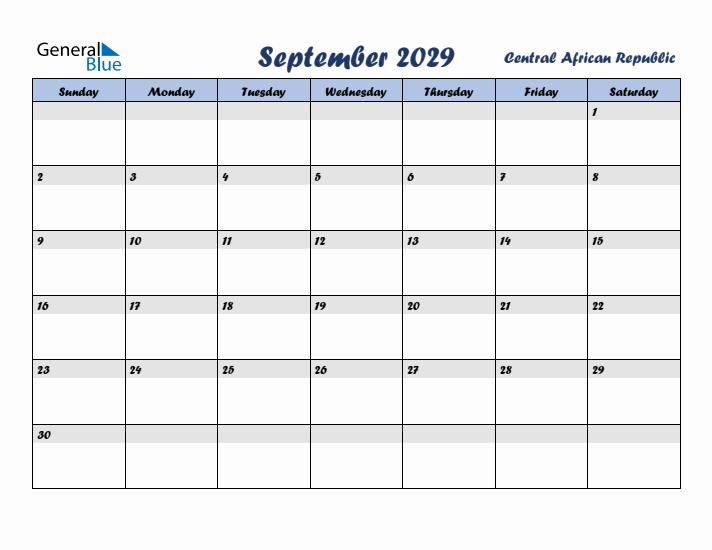 September 2029 Calendar with Holidays in Central African Republic