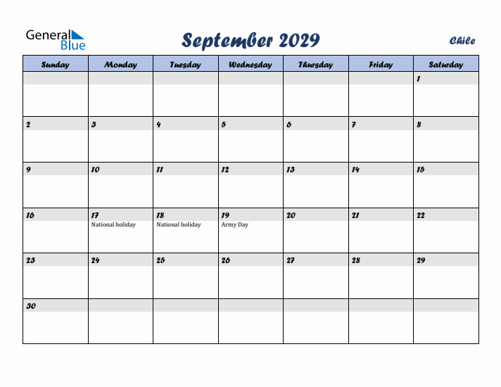 September 2029 Calendar with Holidays in Chile