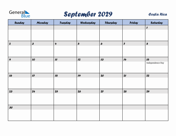 September 2029 Calendar with Holidays in Costa Rica