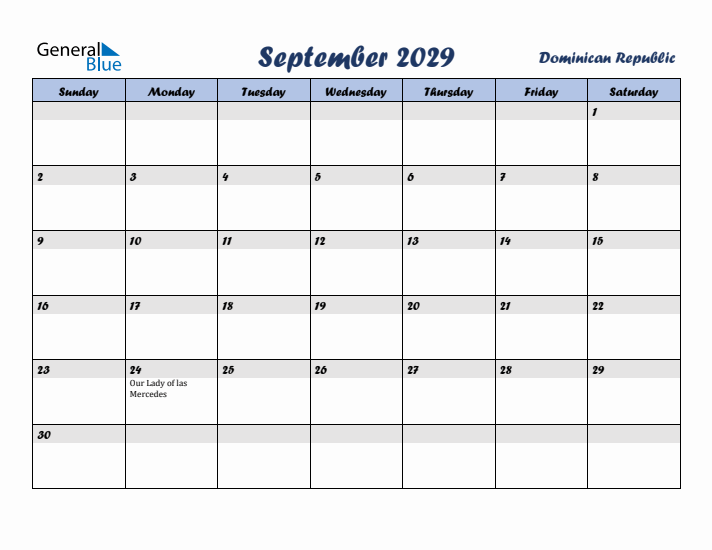 September 2029 Calendar with Holidays in Dominican Republic