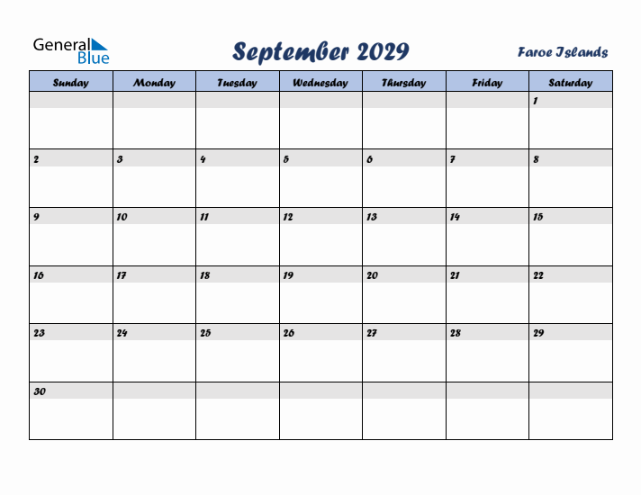 September 2029 Calendar with Holidays in Faroe Islands